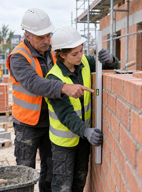 Auf einer Baustelle hält eine Auszubildende mit Helm eine Wasserwaage an die frisch gemauerte Wand, ihr Ausbilder zeigt auf die Libelle.