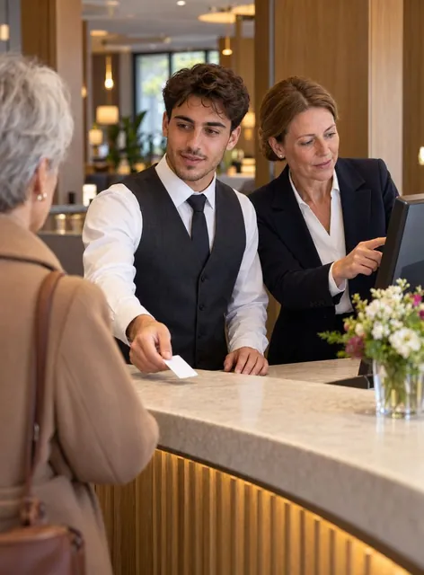 An der Hotelrezeption schiebt ein Auszubildender einem Gast die Zimmerkarte über den Tresen, die Ausbilderin zeigt auf den Bildschirm.