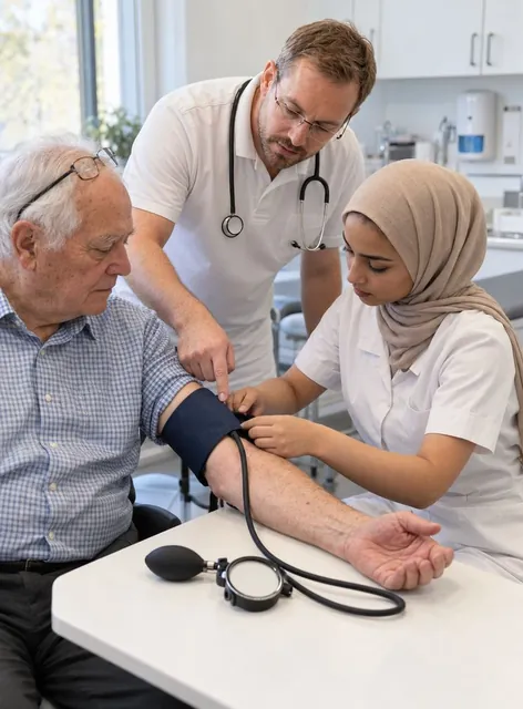 In einer Arztpraxis legt eine Auszubildende einem älteren Patienten die Blutdruckmanschette an, der Ausbilder zeigt auf die Manschette.