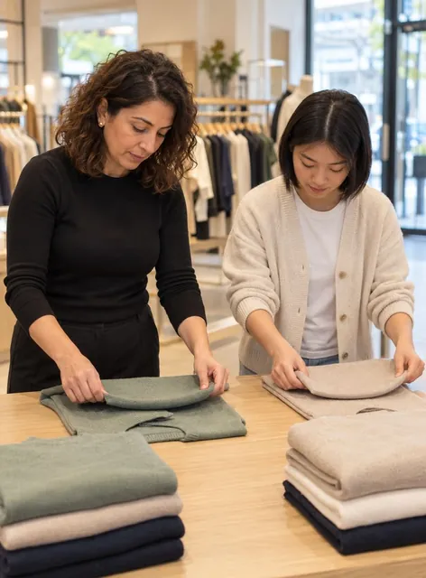In einem Modegeschäft falten Ausbilderin und Auszubildende nebeneinander Pullover an einem Holztisch.