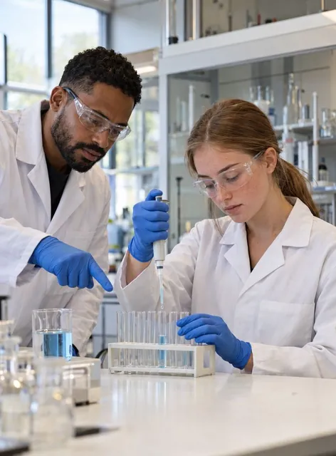 Im Chemielabor pipettiert eine Auszubildende mit Schutzbrille eine blaue Probe, ihr Ausbilder zeigt auf das Röhrchen.